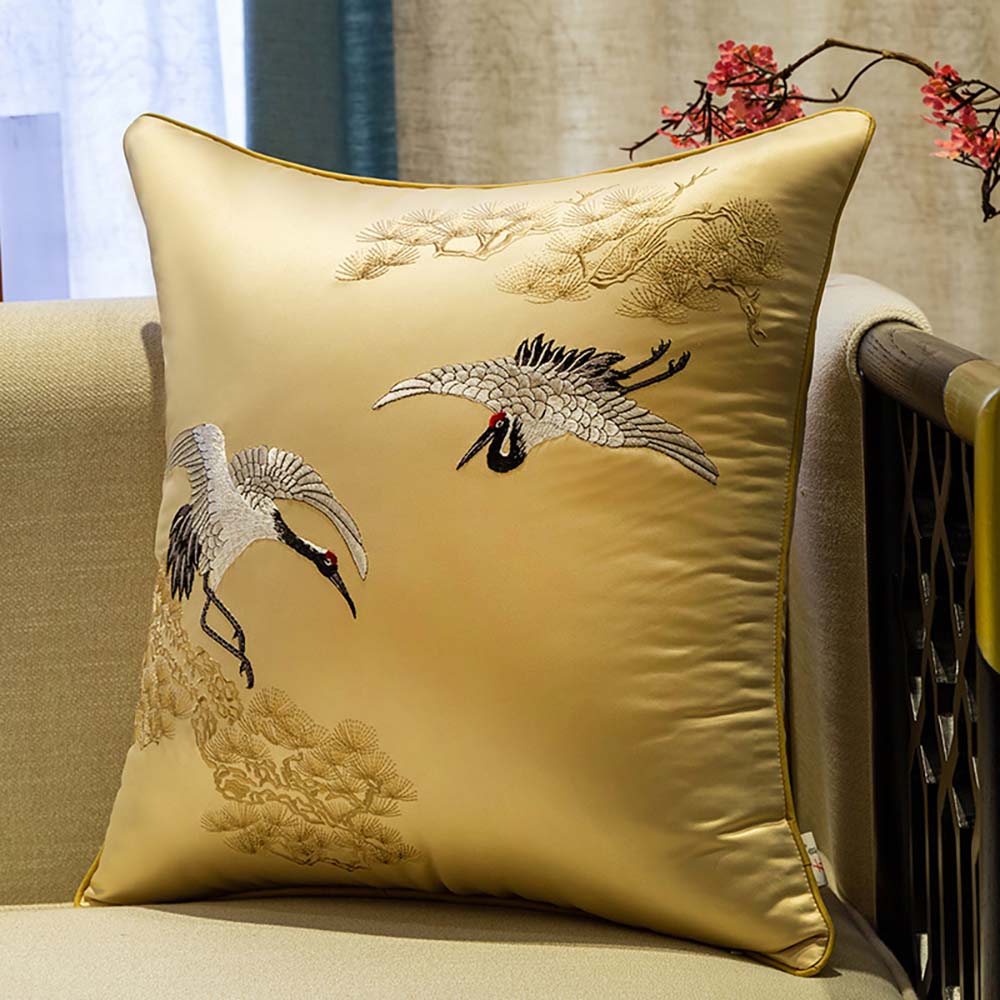 Cushion Cover with Embroidered Cranes & Pine Tree in Gold – Size 45x45cm