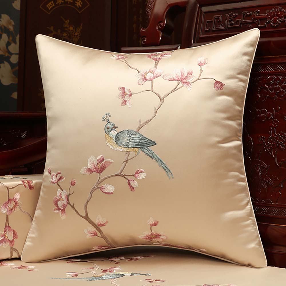 Cushion Cover Embroidered Bird and Magnolia Branch in Light Gold – Size 45x45cm