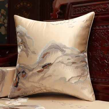 Cushion Cover with Embroidered Cranes & Pine Tree in Gold – Size 45x45cm