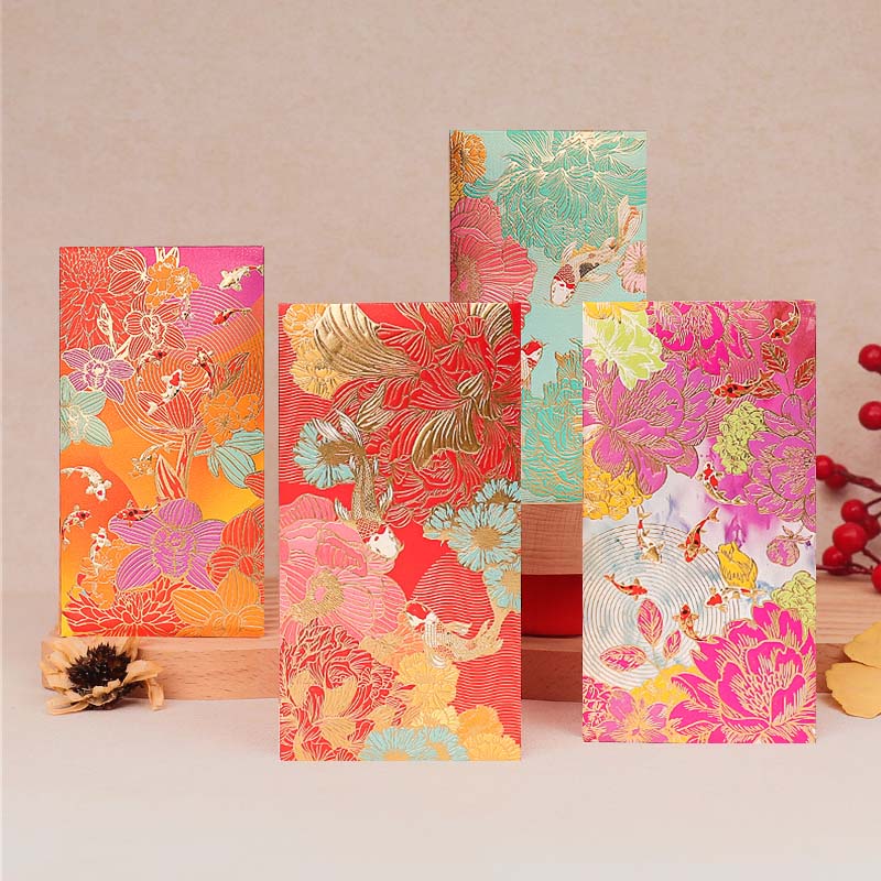 Set of 8 High Quality 160gsm Paper Red Packets with Colorful Koi Fish