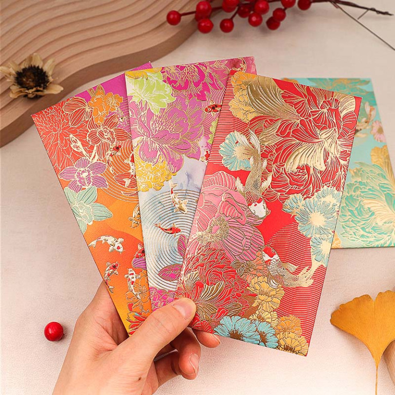 Set of 8 High Quality 160gsm Paper Red Packets with Colorful Koi Fish (Red & Green)