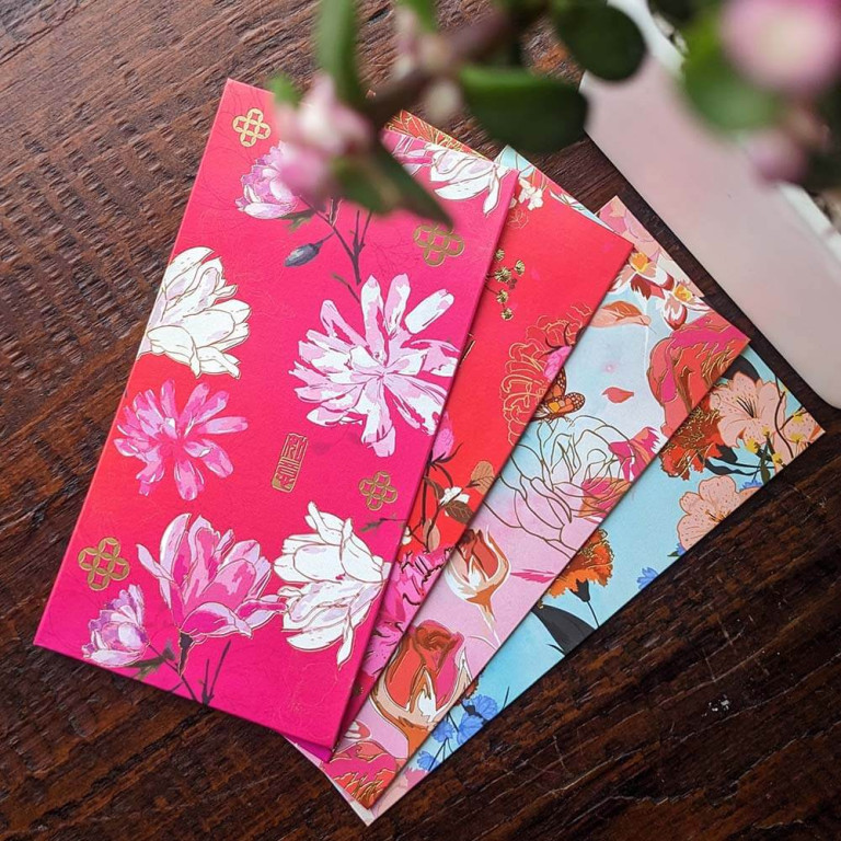Set of 8 High Quality 160gsm Paper Red Packets with Spring Flowers