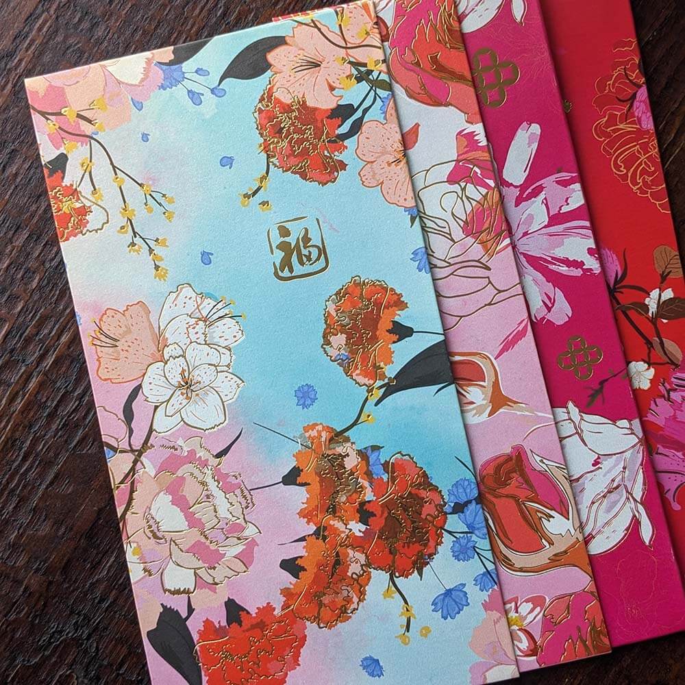 Set of 8 High Quality 160gsm Paper Red Packets with Spring Flowers