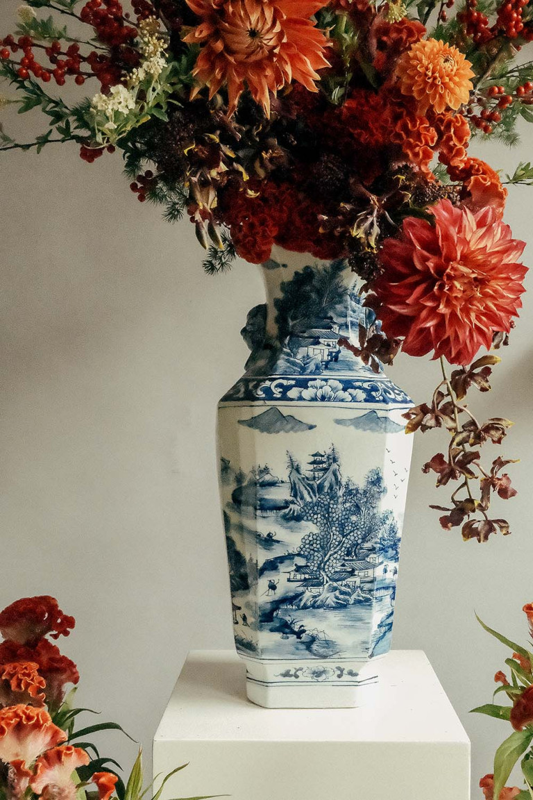 Blue White Chinoiserie Lionhead Hand-painted Vase 45.6cm