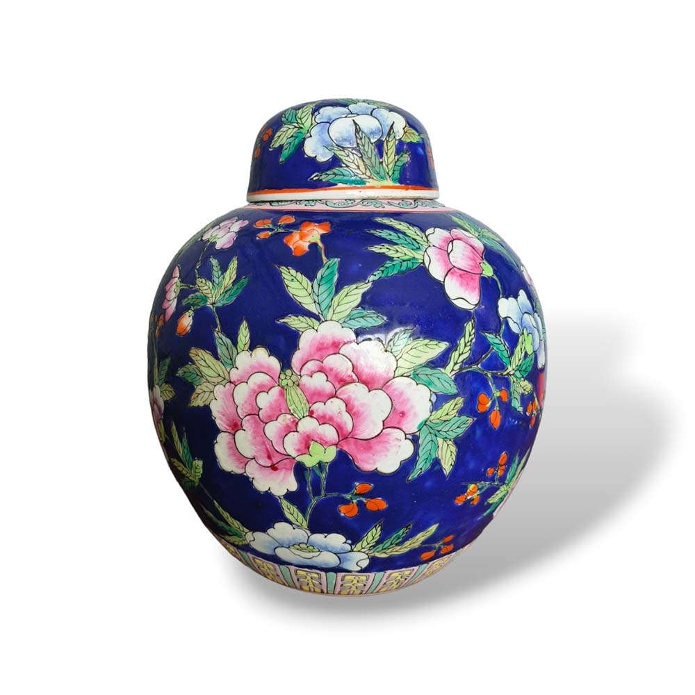 Bình Ginger Jar Vintage Gốm Xanh Cobalt Vẽ Tay Có Nắp