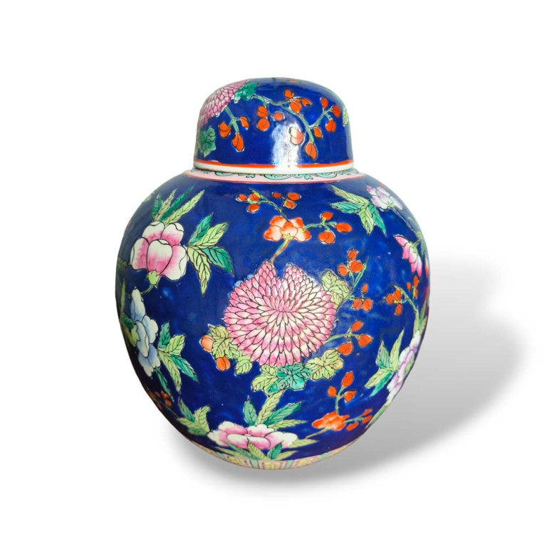 Bình Ginger Jar Vintage Gốm Xanh Cobalt Vẽ Tay Có Nắp