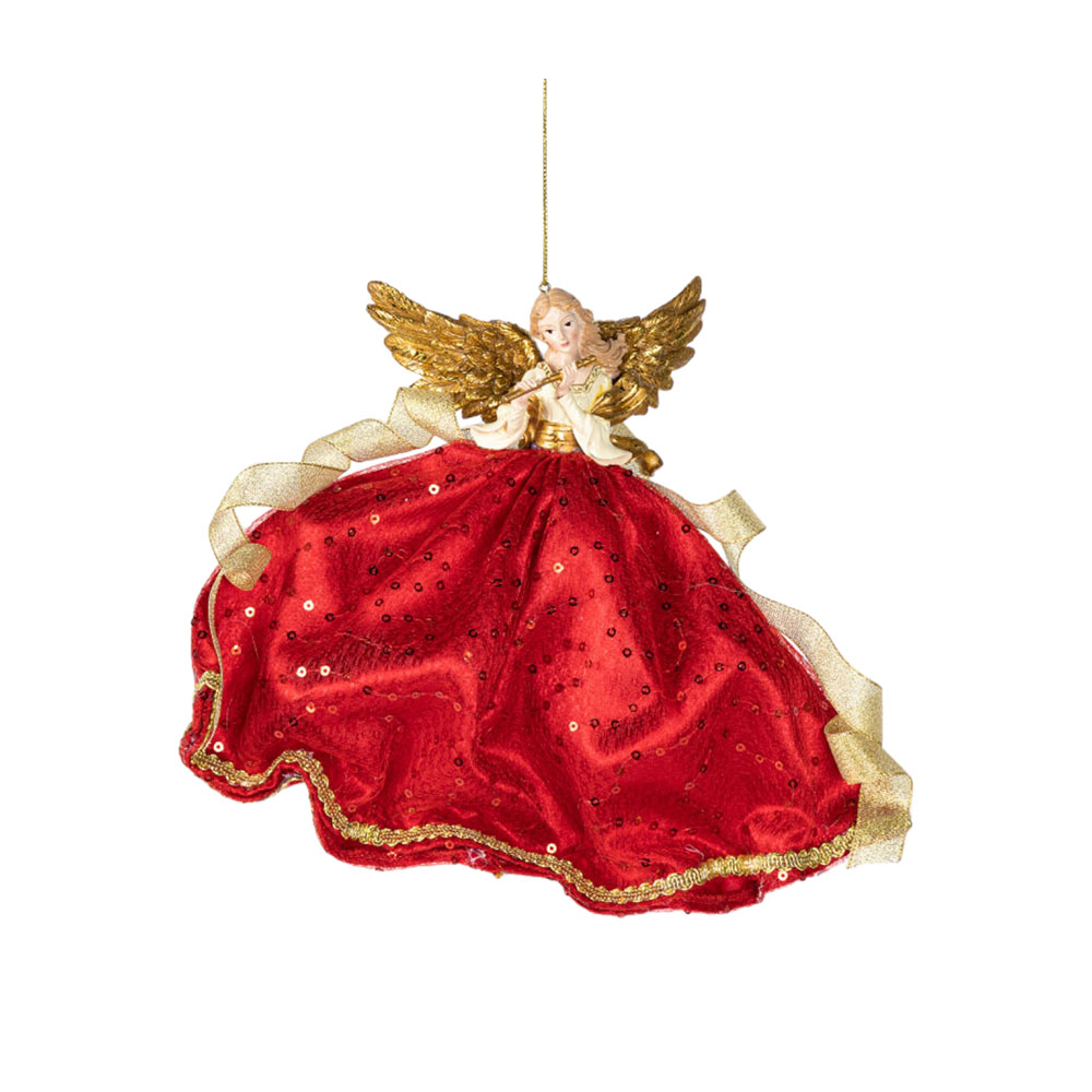 Angel with Red Dress Gold Wings Ornament