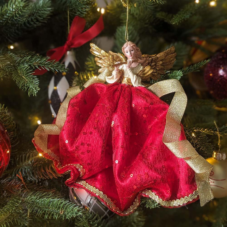 Angel with Red Dress Gold Wings Ornament