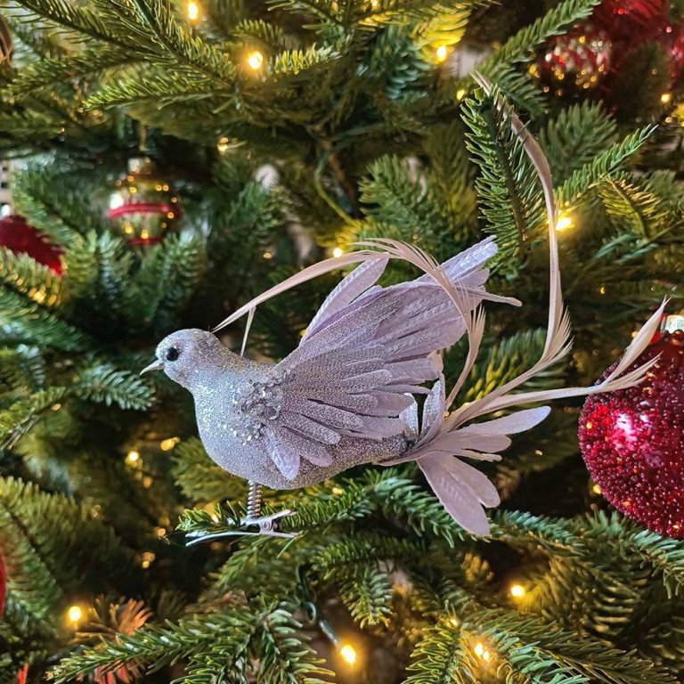 Silver Bird with Long Tail Christmas Ornament