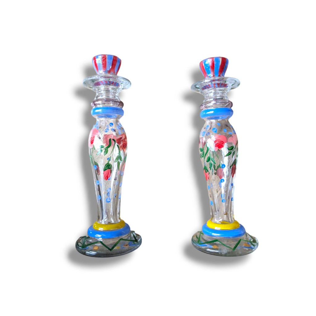 Vintage Glass Candle Holder with Hand-painted Roses – Set of 2