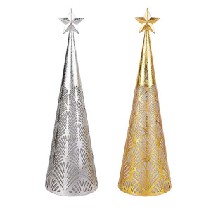 Set of 2 Gold & Silver Light-up Conical Art Deco Christmas lanterns
