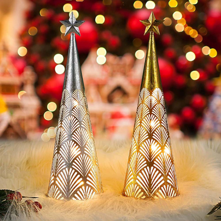 Set of 2 Gold & Silver Light-up Conical Art Deco Christmas lanterns