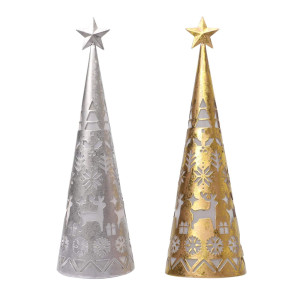 Set of 2 Gold & Silver Light-Up Coninal Nordic Christmas Lanters