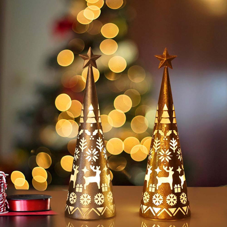 Set of 2 Gold & Silver Light-Up Coninal Nordic Christmas Lanters