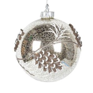 Vintage Silver Glass Ball with Pinecone 10cm