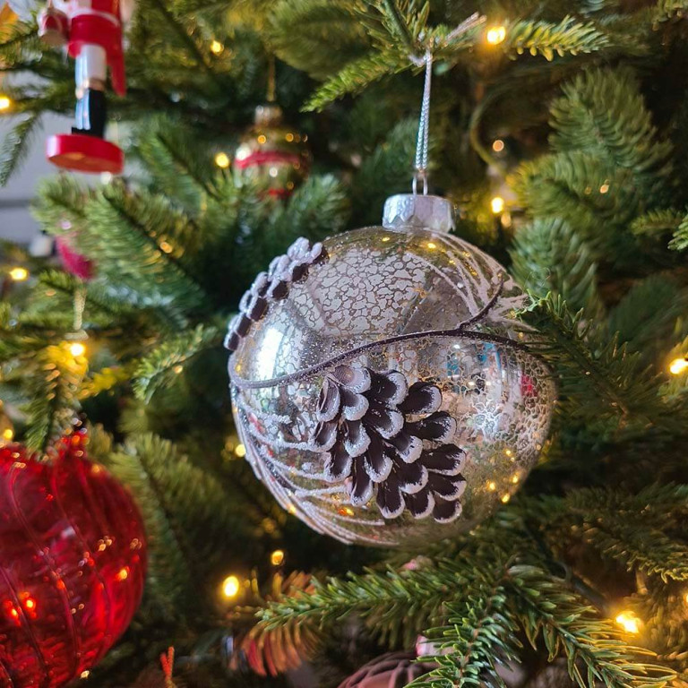 Vintage Silver Glass Ball with Pinecone 10cm