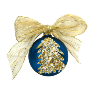 Large Blue Glass Ball with Gold Christmas Tree and Bow – 10cm