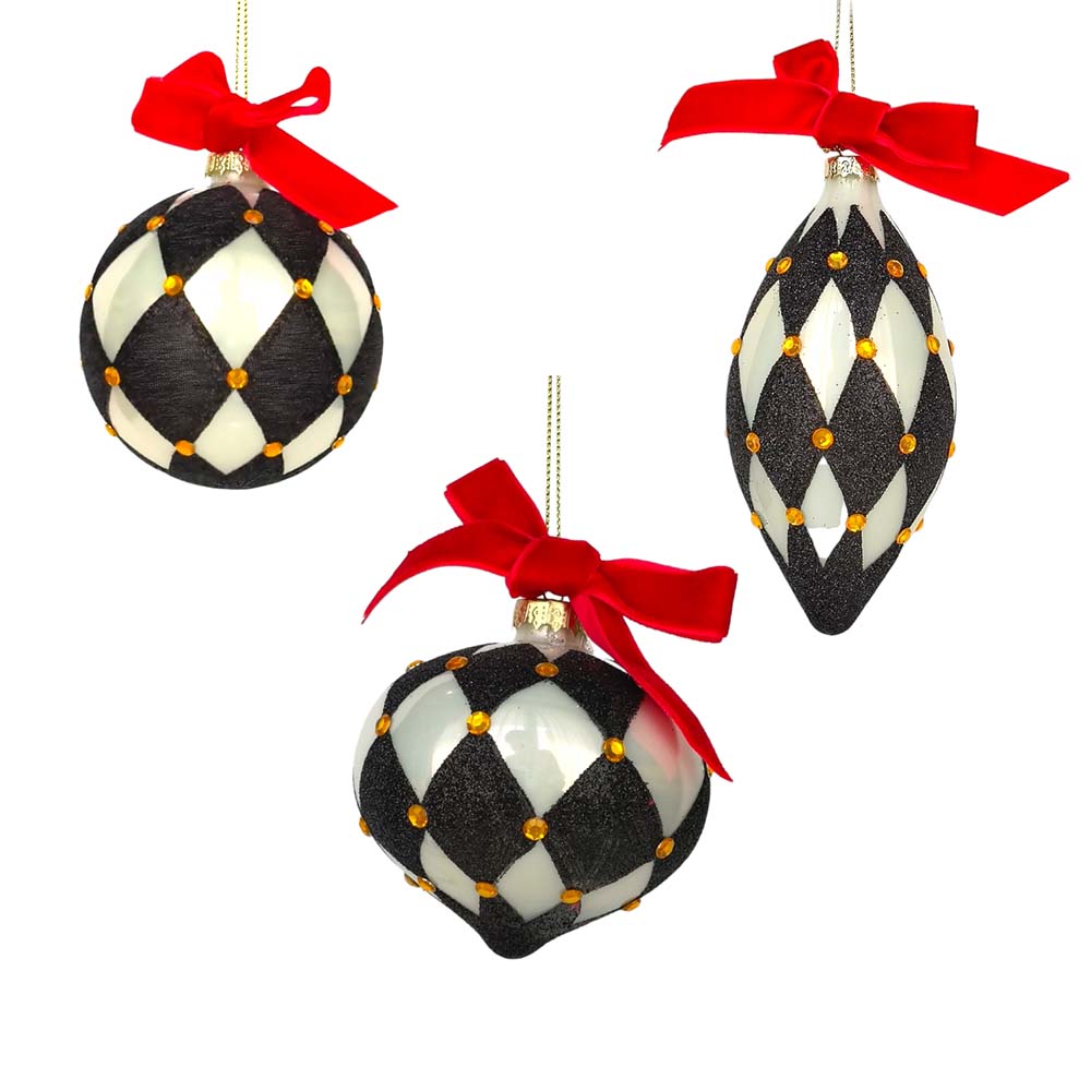 Mixed Black/White Harlequin Glass Ornament with Red Bows