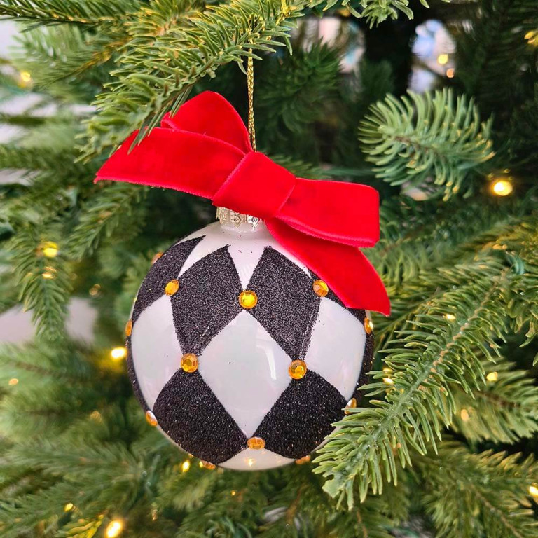 Mixed Black/White Harlequin Glass Ornament with Red Bows