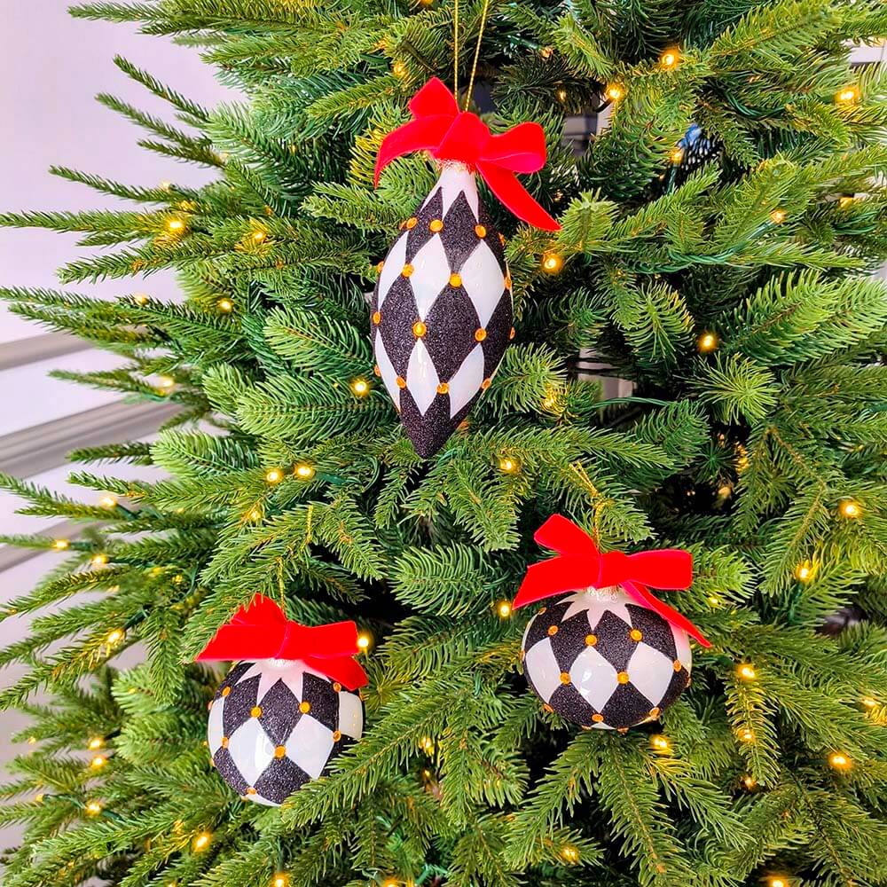 Mixed Black/White Harlequin Glass Ornament with Red Bows