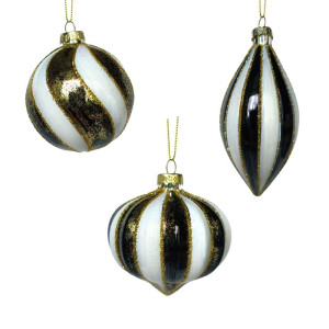 Mixed Black/White Swirls Glass Ornament – Set of 6