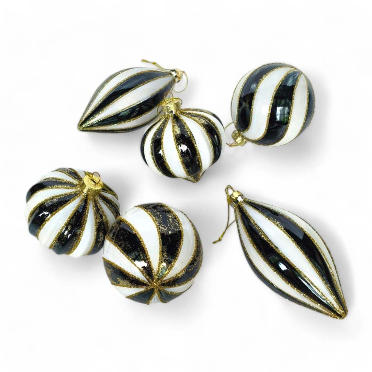 Mixed Black/White Swirls Glass Ornament – Set of 6