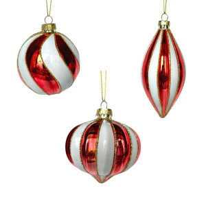 Mixed Red/White Swirls Glass Ornament – Set of 6