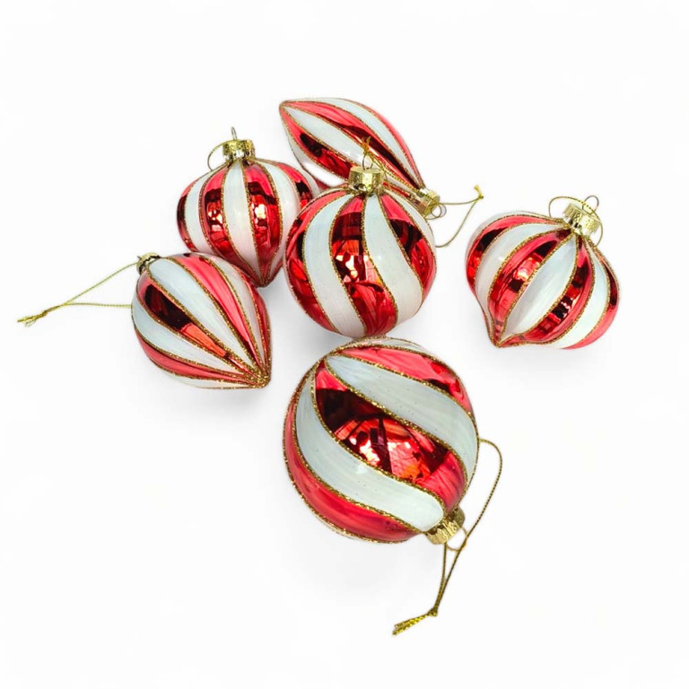 Mixed Red/White Swirls Glass Ornament – Set of 6