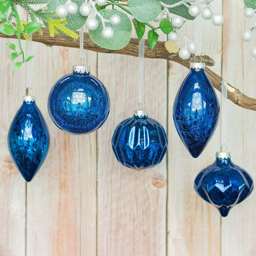 Blue Mercury Glass Ornaments – Set of 8