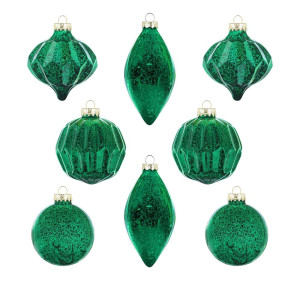 Set of 8 Emerald Green Mixed Glass Balls