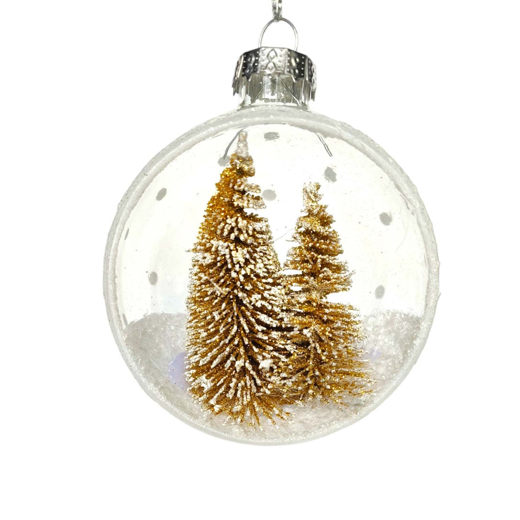 Clear Glass Ornament with Gold Christmas Trees and Snow