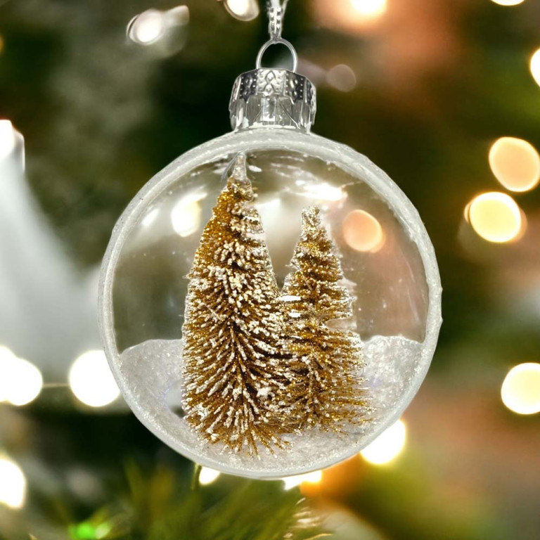 Clear Glass Ornament with Gold Christmas Trees and Snow