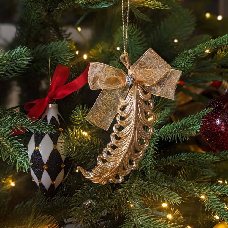 Gold Glitter Acrylic Feather with Bow Ornament