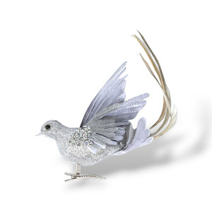 Silver Bird with Long Tail Christmas Ornament