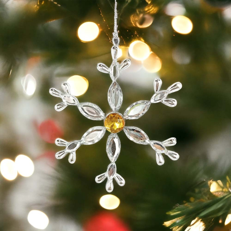Clear & Silver SnowFlake Ornament with Gold Center