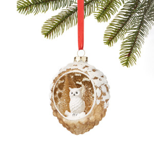 Snow owl in pinecone ornament