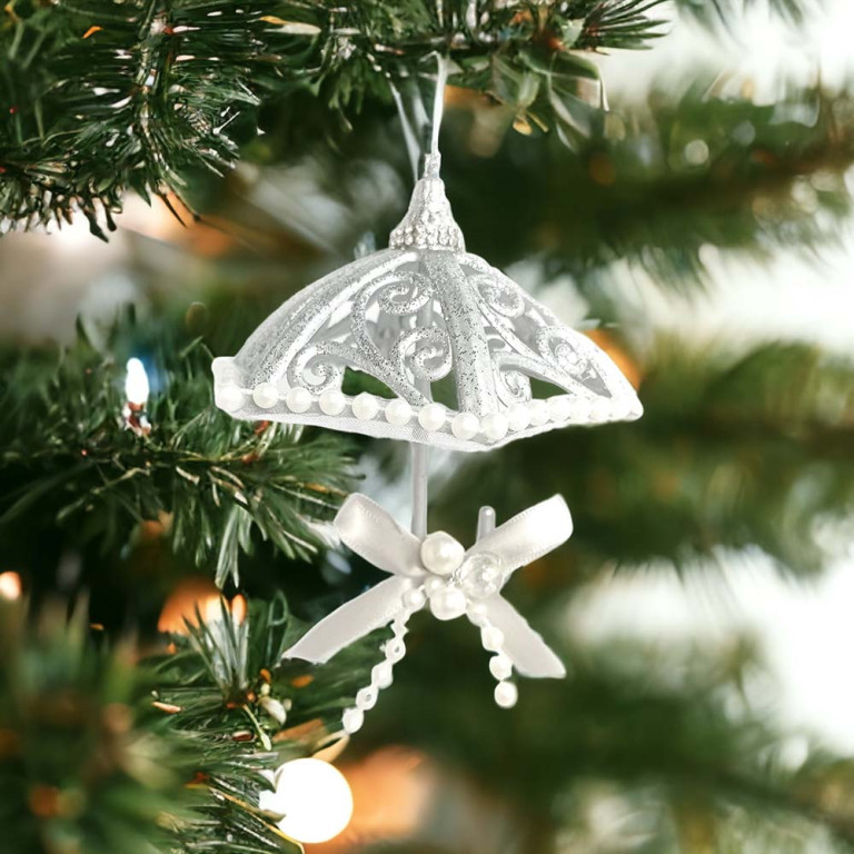 Silver Umbrella with Bow Christmas Ornament