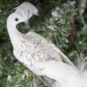 White Peacock with Long Tail Feather Christmas Ornament