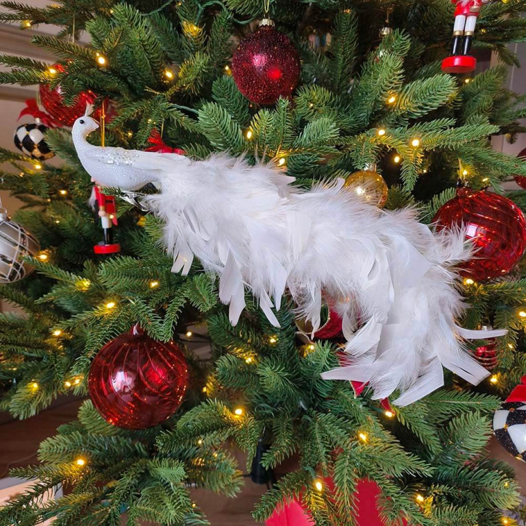 White Peacock with Long Tail Feather Christmas Ornament