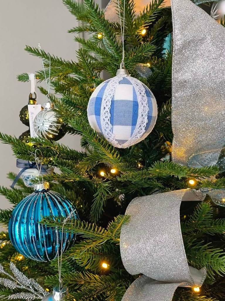 Grand Millennial Blue White Check Shatterproof Ornament – Set of 4