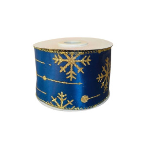 Blue Ribbon with Gold Snowflakes 63mm wide – 9m Roll