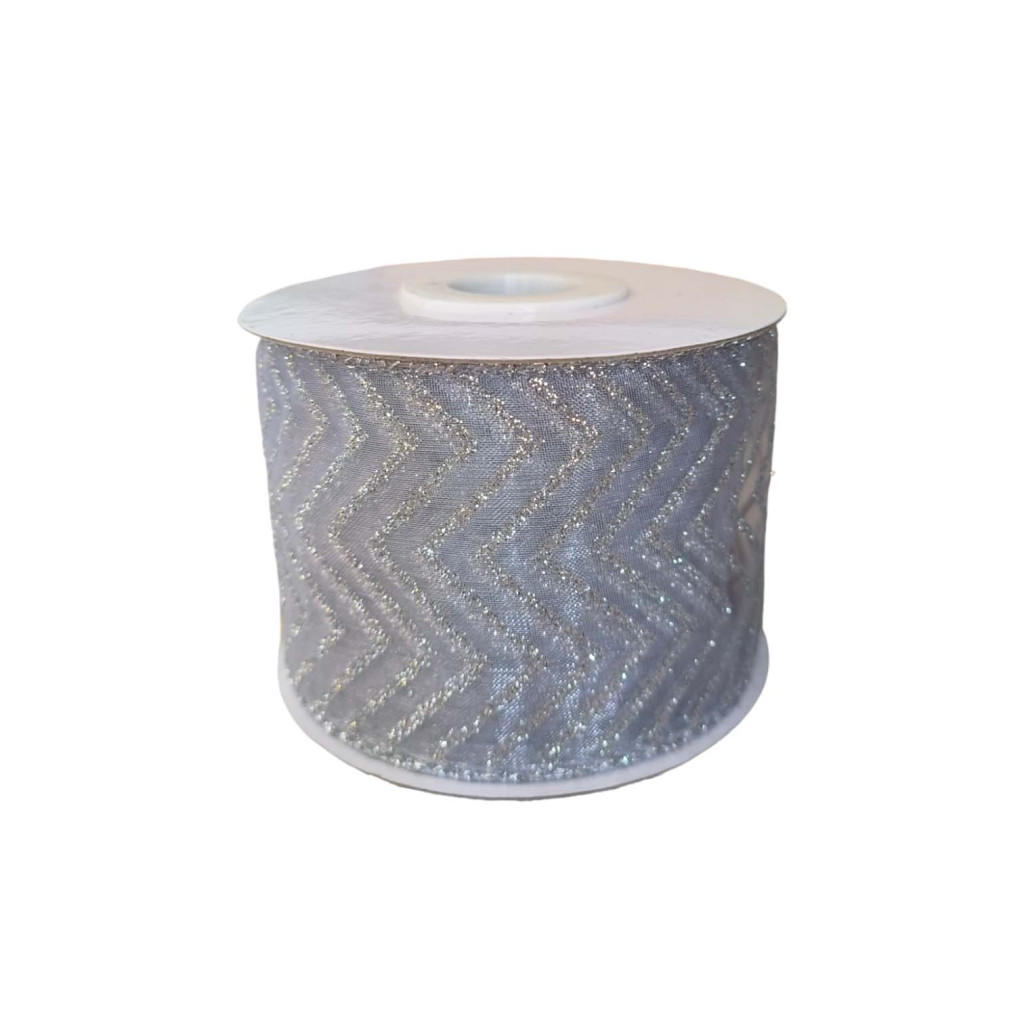 Silver Organza Ribbon with ZicZac Patterns 63mm Wide – 9m Roll