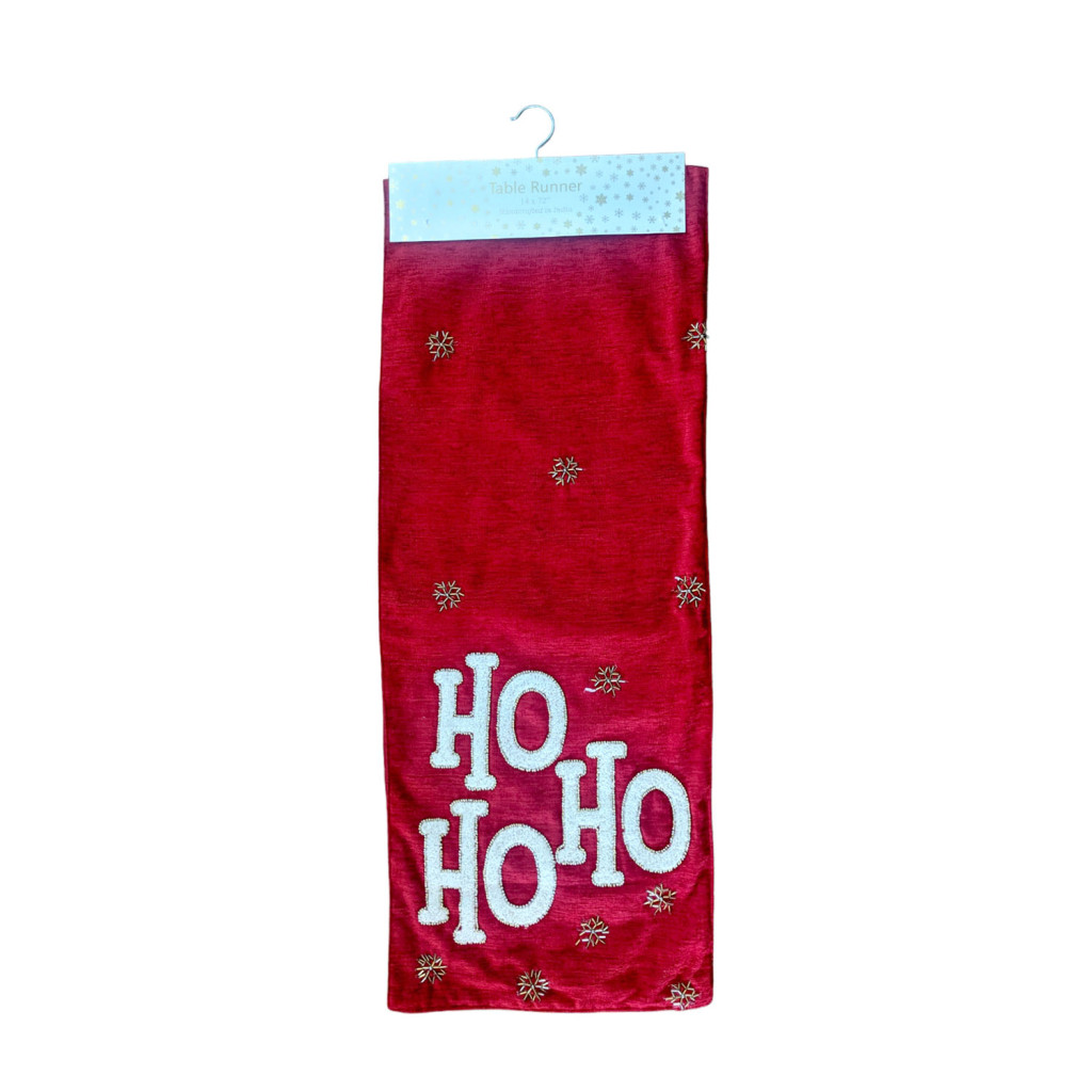 Red Table Runner with Beaded Ho Ho Ho