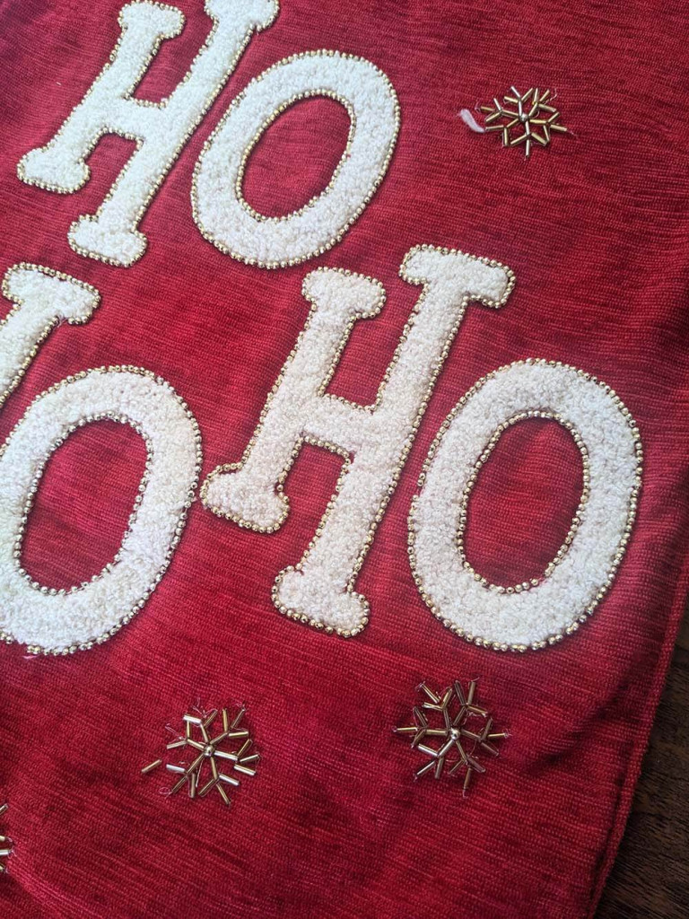 Red Table Runner with Beaded Ho Ho Ho