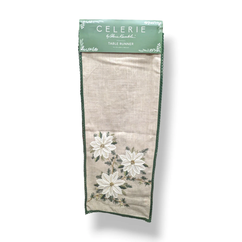 Table Runner with White Poinsettia Embroidery 183cm – Celerie