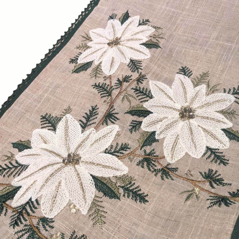 Table Runner with White Poinsettia Embroidery 183cm – Celerie
