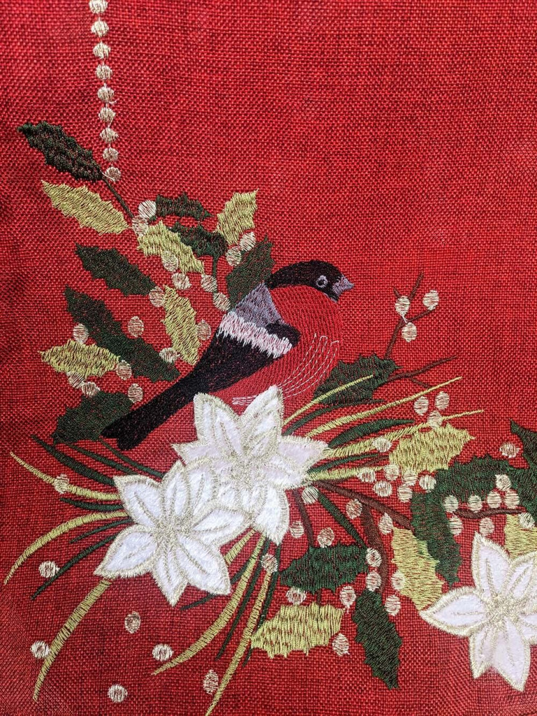 Table Runner in Red with Bird & Poinsettia Embroidery 182cm – Max Studio