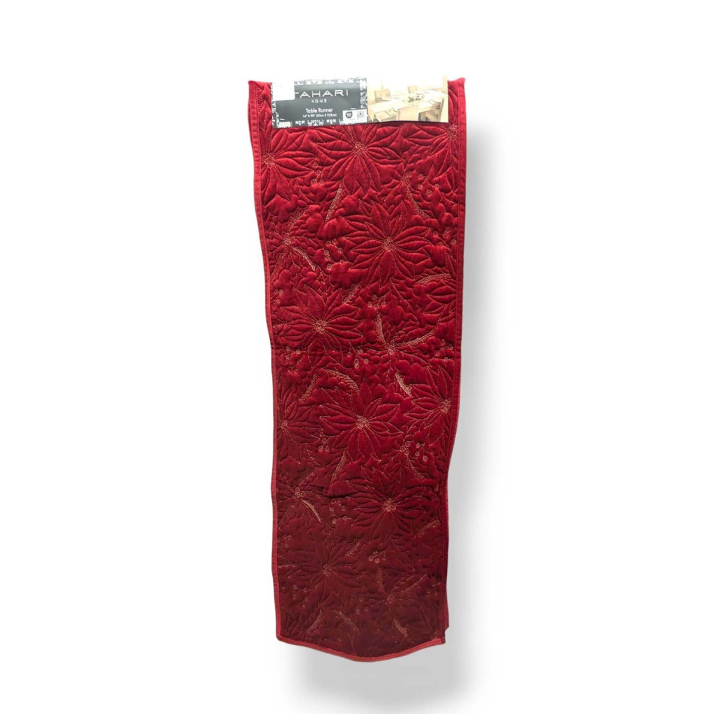 Red Velvet Table Runner with Poinsettia Pattern 228cm – Tahari Home