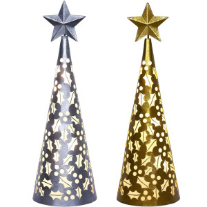 Set of 2 Gold & Silver Light-Up Coninal Mistletoe Christmas Lanters