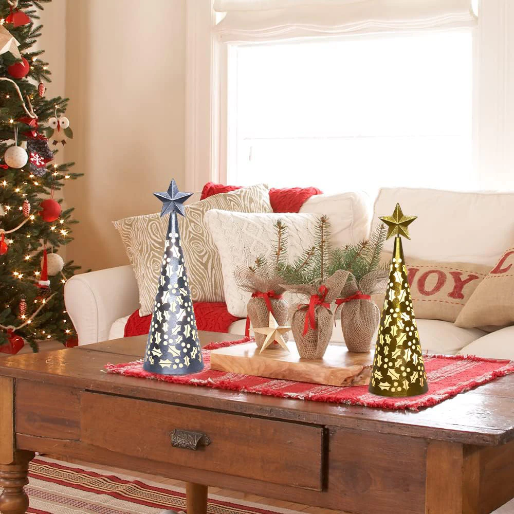 Set of 2 Gold & Silver Light-Up Coninal Mistletoe Christmas Lanters